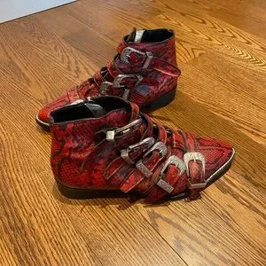 Topshop Shoes Red Snake Skin Ankle Booties With Silver